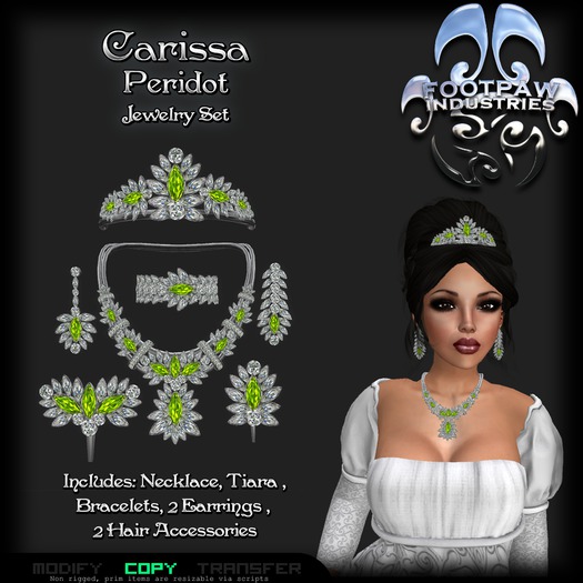 [FPI] Carissa Peridot - Elegant Jewelry set: Necklace, Tiara, Bracelets, Earrings, Hair Sticks