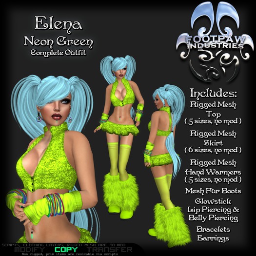 [FPI] Elena Neon Green - Sexy Little SKirt Outfit with Jewelry, Furry boots & stockings