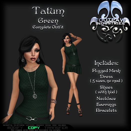 Second Life Marketplace - [FPI] Tatum Green - Complete Dress Outfit with  Jewelry - Necklace, Earrings, Bracelets & Shoes