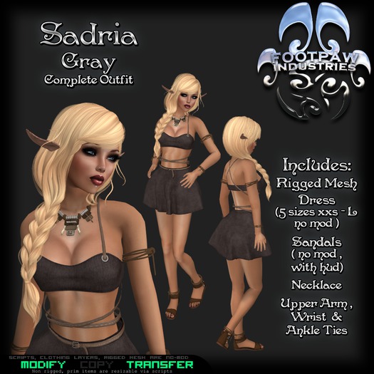 [FPI] Sadria Gray - Complete Outfit with Jewelry - Necklace, Arm, wrist, Ankle Ties & Sandals with hud