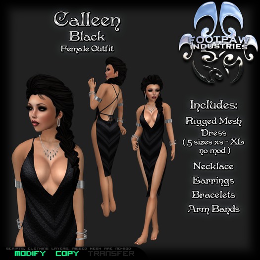 [FPI] Calleen Black - Complete Outfit with Jewelry - Slit Dress / Camisk, Necklace, Arm Bands, Bracelets, Earrings