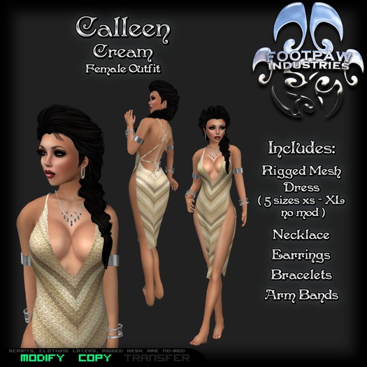 [FPI] Calleen Cream - Complete Outfit with Jewelry - Slit Dress / Camisk, Necklace, Arm Bands, Bracelets, Earrings