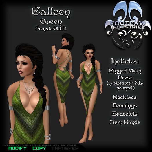 [FPI] Calleen Green - Complete Outfit with Jewelry - Slit Dress / Camisk, Necklace, Arm Bands, Bracelets, Earrings