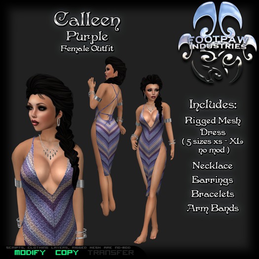 [FPI] Calleen Purple - Complete Outfit with Jewelry - Slit Dress / Camisk, Necklace, Arm Bands, Bracelets, Earrings