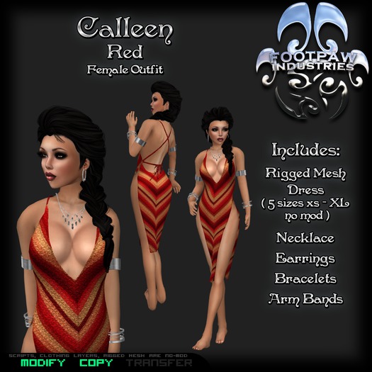 [FPI] Calleen Red - Complete Outfit with Jewelry - Slit Dress / Camisk, Necklace, Arm Bands, Bracelets, Earrings