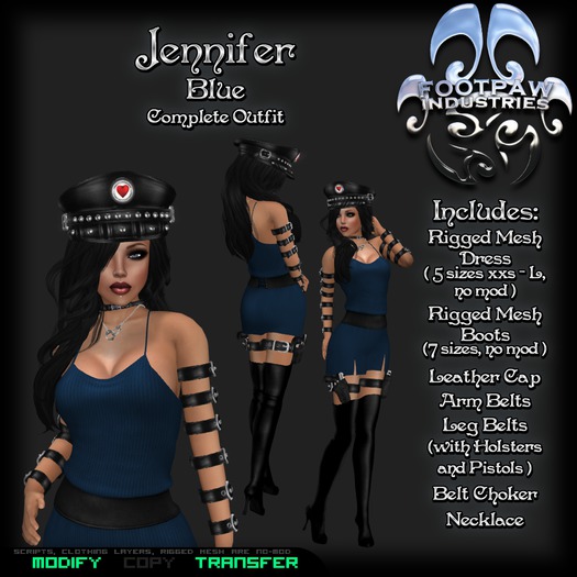 [FPI] Jennifer Blue - Complete Outfit with Accessories- Arm Belts, Leg Belts with Guns, Cap, Boots, Jewelry