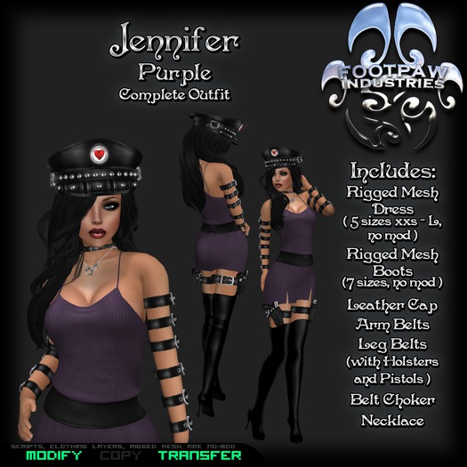 [FPI] Jennifer Purple - Complete Outfit with Accessories- Arm Belts, Leg Belts with Guns, Cap, Boots, Jewelry