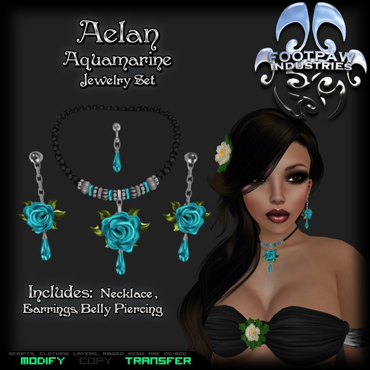 [FPI] Aelan Aquamarine - Lovely Rose & Gemstone Drop Jewelry Set with Necklace, Earrings & Belly Piercing