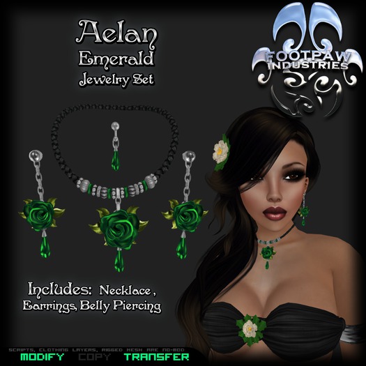 [FPI] Aelan Emerald - Lovely Rose & Gemstone Drop Jewelry Set with Necklace, Earrings & Belly Piercing