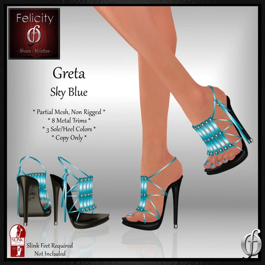 SALE *Felicity* Greta Stilettos Sandals - Sky Blue High Heel Shoes (8 Metal Trim, 3 Sole/Heel Colors) for Slink High