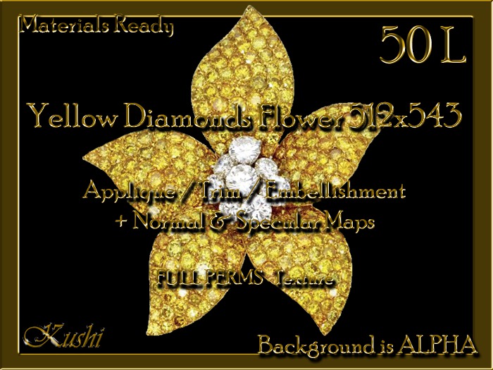 Yellow Diamonds Flower 512x543 Applique / Jewel/Embellishment/Trim with Alpha Full Perms Materials Ready