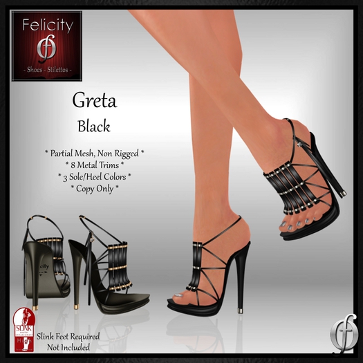*Felicity* Greta Stilettos Sandals - Black High Heel Shoes (8 Metal Trim, 3 Sole/Heel Colors) for Slink High