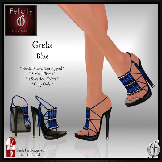 *Felicity* Greta Stilettos Sandals - Blue High Heel Shoes (8 Metal Trim, 3 Sole/Heel Colors) for Slink High