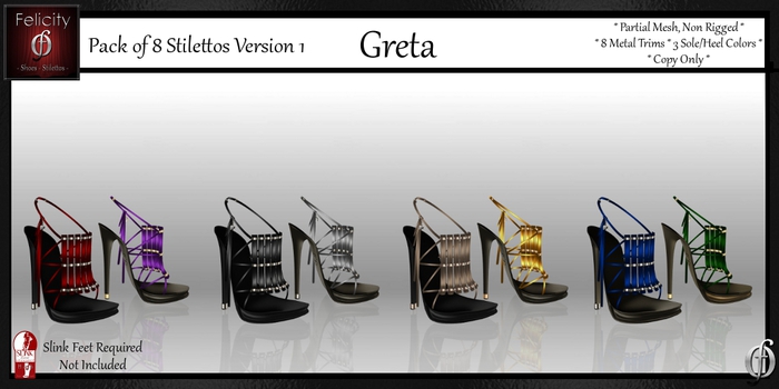 *Felicity* Greta Stilettos Sandals Pack 1 - 8 Shoes (8 Metal Trim, 3 Sole/Heel Colors) for Slink High Feet