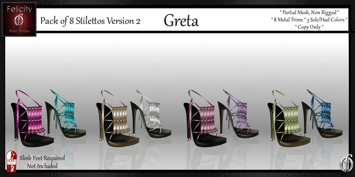 *Felicity* Greta Stilettos Sandals Pack 2 - 8 Shoes (8 Metal Trim, 3 Sole/Heel Colors) for Slink High Feet