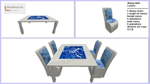 A stony dining table with a floating plate and four dining chairs