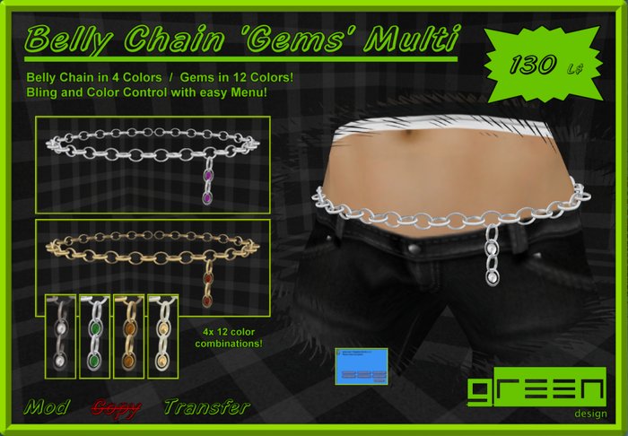 ●GD● Belly Chain 'Gems' Multi Color [4x12 Colors, Menu Control]