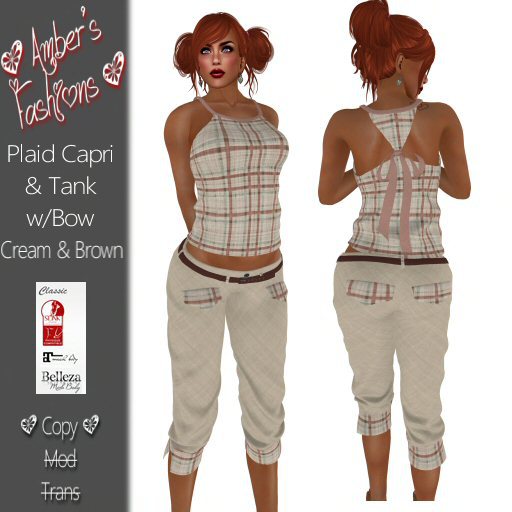 <3 A's Fashions <3 Cream/Brown Plaid Capri & Tank w/Bow