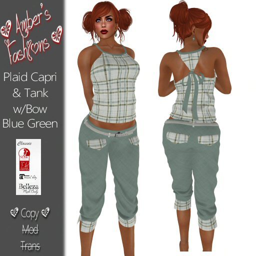<3 A's Fashions <3 Blue Green Plaid Capri & Tank w/Bow