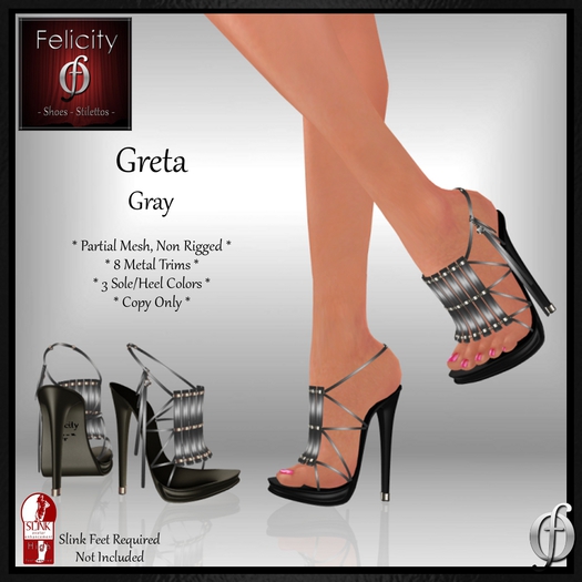 *Felicity* Greta Stilettos Sandals - Gray (Grey) High Heel Shoes (8 Metal Trim, 3 Sole/Heel Colors) for Slink High