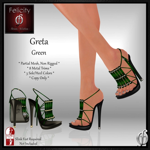 *Felicity* Greta Stilettos Sandals - Green High Heel Shoes (8 Metal Trim, 3 Sole/Heel Colors) for Slink High