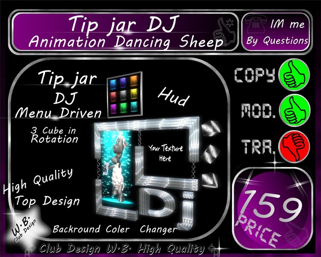 * Tip jar DJ * Menu Driven * Hud & Anim Dancing Sheep *