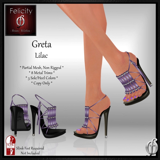 *Felicity* Greta Stilettos Sandals - Lilac Purple High Heel Shoes (8 Metal Trim, 3 Sole/Heel Colors) for Slink High
