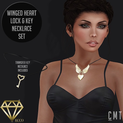 .:ECCO:. Winged Heart Lock & Key Necklace Set - Light Gold
