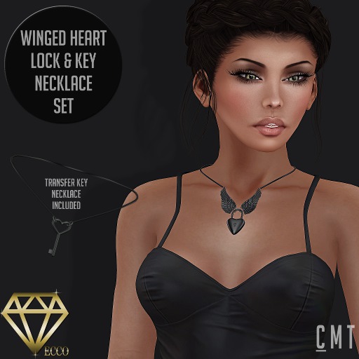 .:ECCO:. Winged Heart Lock & Key Necklace Set - Black