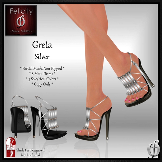 *Felicity* Greta Stilettos Sandals - Silver High Heel Shoes (8 Metal Trim, 3 Sole/Heel Colors) for Slink High