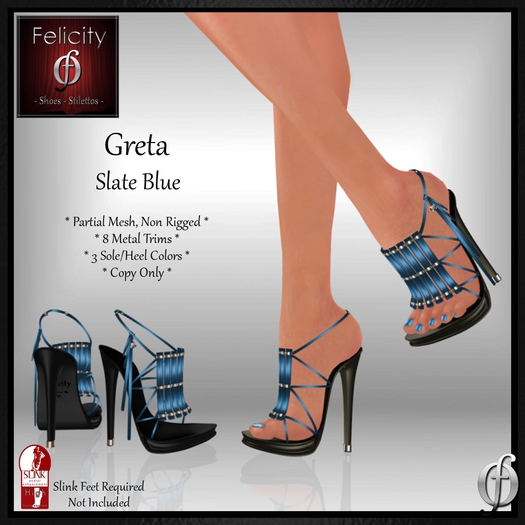 *Felicity* Greta Stilettos Sandals - Slate Blue High Heel Shoes (8 Metal Trim, 3 Sole/Heel Colors) for Slink High