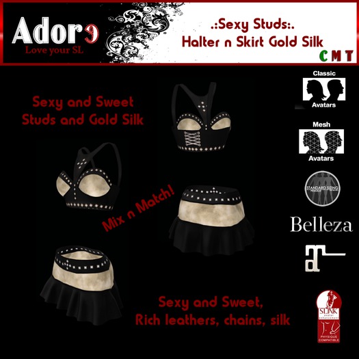 .:Adore:. Sexy Studs Halter n Skirt - Gold Silk