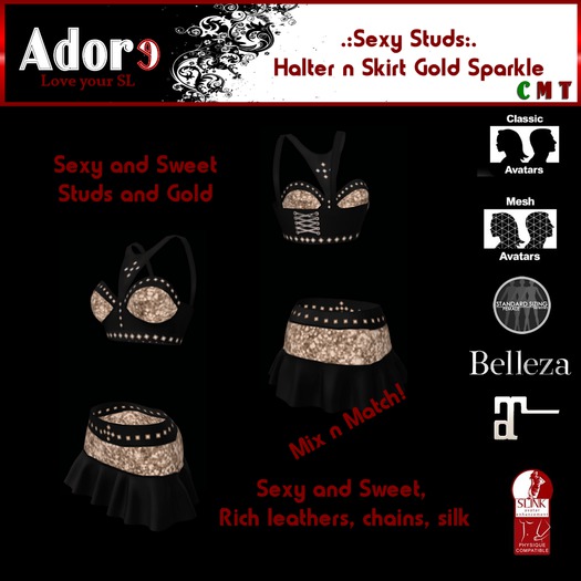 .:Adore:. Sexy Studs Halter n Skirt - Gold Sparkle