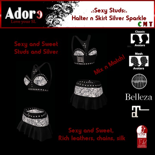 .:Adore:. Sexy Studs Halter n Skirt - Silver Sparkle