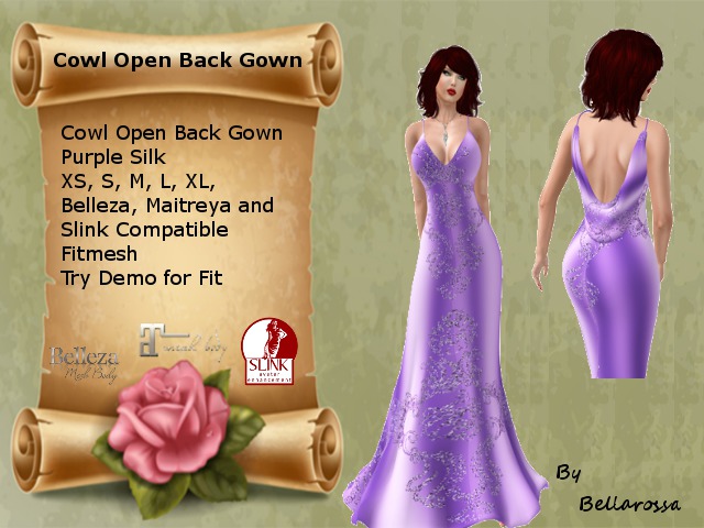 Cowl Open Back Gown Fitmesh Purple Silk
