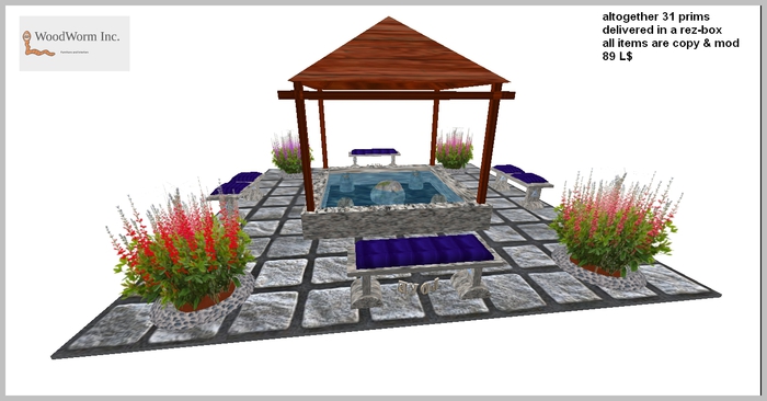 A cute water fountain with flowers and four benches