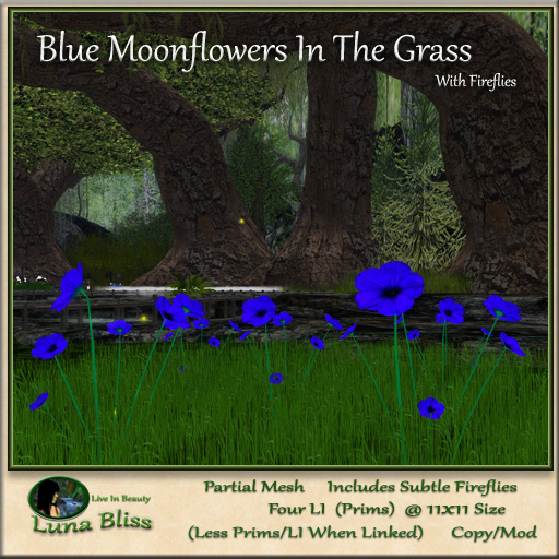 Blue Moonflowers In The Grass With Fireflies (b)