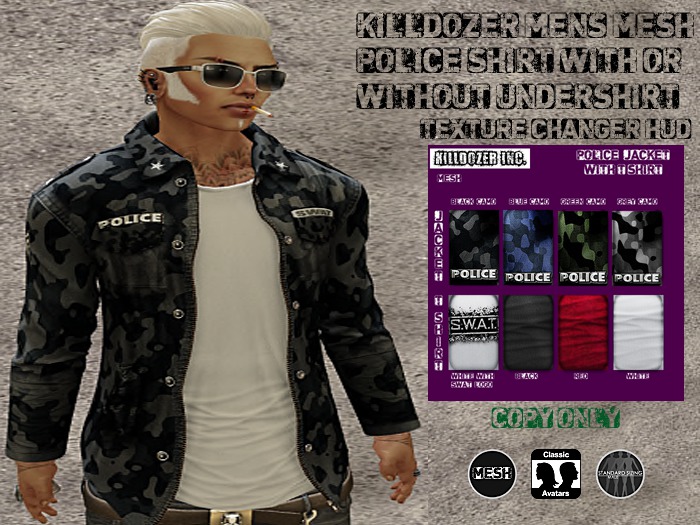 Killdozer Mens Mesh Police Shirt With/Whitout T-Shirt