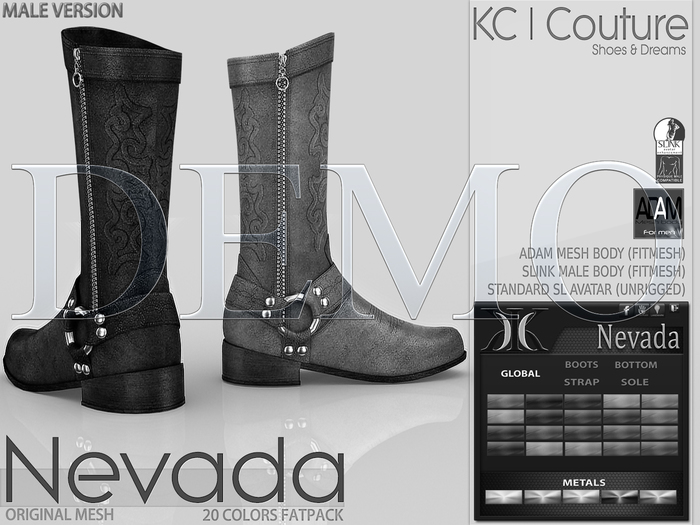 *DEMO* -KC- NEVADA MALE BOOTS - SLINK MALE, ADAM BODY,SL AVATAR