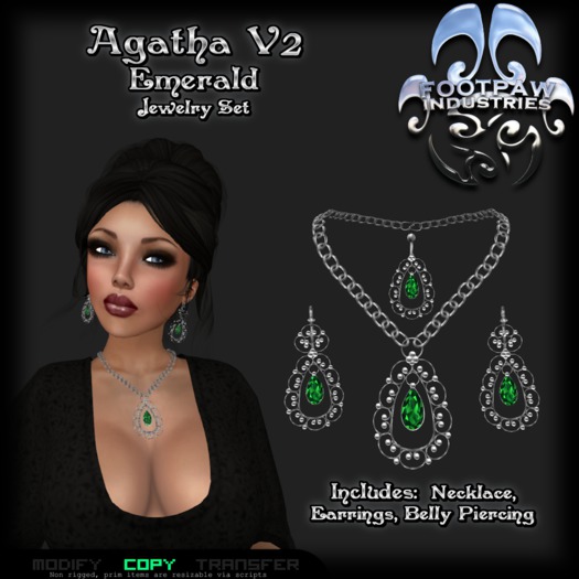 [FPI] Agatha V2 Emerald - Lovey Gemstone Jewelry Set with Necklace, Earrings & Belly Piercing