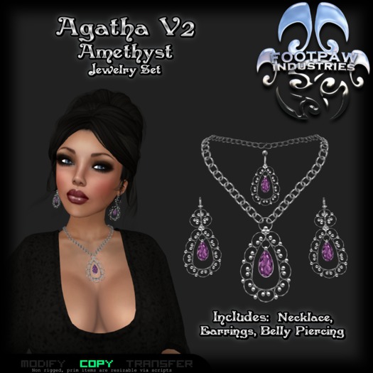 [FPI] Agatha V2 Amethyst - Lovey Gemstone Jewelry Set with Necklace, Earrings & Belly Piercing