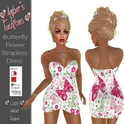 <3 A's Fashions <3 Butterfly Flower Strapless Dress
