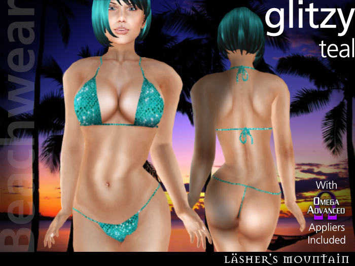 Glitzy Teal - Sexy Clingy Sequinned Micro Bikini - with omega appliers & classic layers