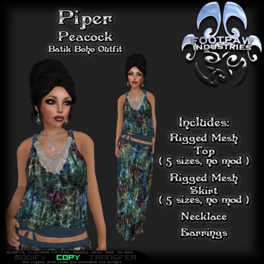 [FPI] Piper Peacock - Female Batik Bohemian Skirt Outfit with Necklace & Earrings