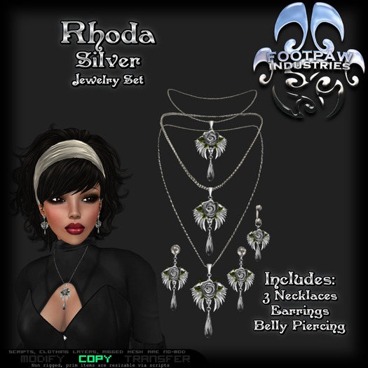 [FPI] Rhoda Silver - Lovely Rose Jewelry Set - 3 Necklaces, Earrings & Belly Piering 