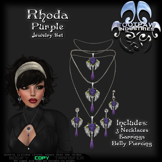 [FPI] Rhoda Purple - Lovely Rose Jewelry Set - 3 Necklaces, Earrings & Belly Piering 