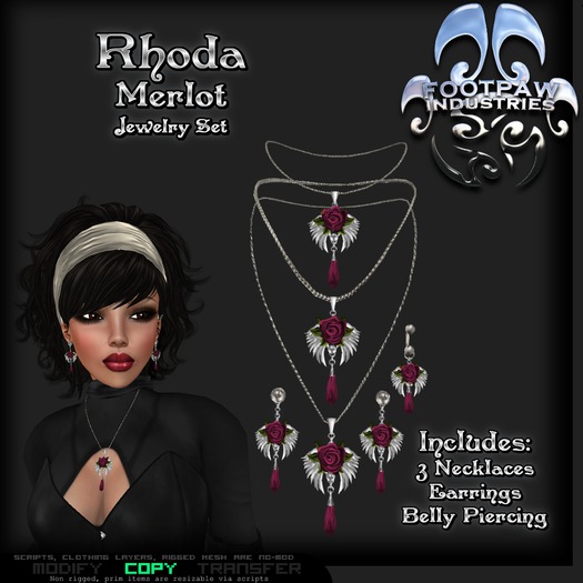 [FPI] Rhoda Merlot - Lovely Rose Jewelry Set - 3 Necklaces, Earrings & Belly Piering 