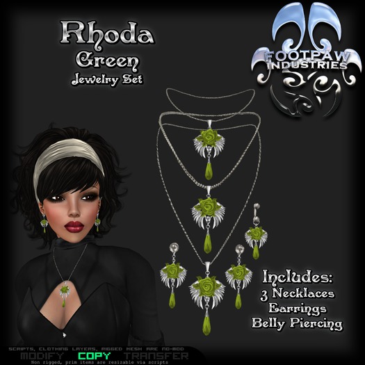 [FPI] Rhoda Green - Lovely Rose Jewelry Set - 3 Necklaces, Earrings & Belly Piering 