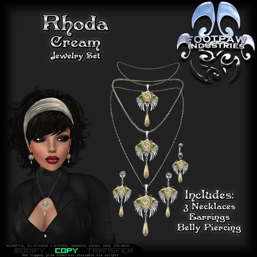 [FPI] Rhoda Cream - Lovely Rose Jewelry Set - 3 Necklaces, Earrings & Belly Piering 