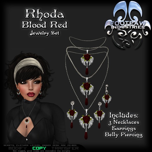 [FPI] Rhoda BloodRed - Lovely Rose Jewelry Set - 3 Necklaces, Earrings & Belly Piering 